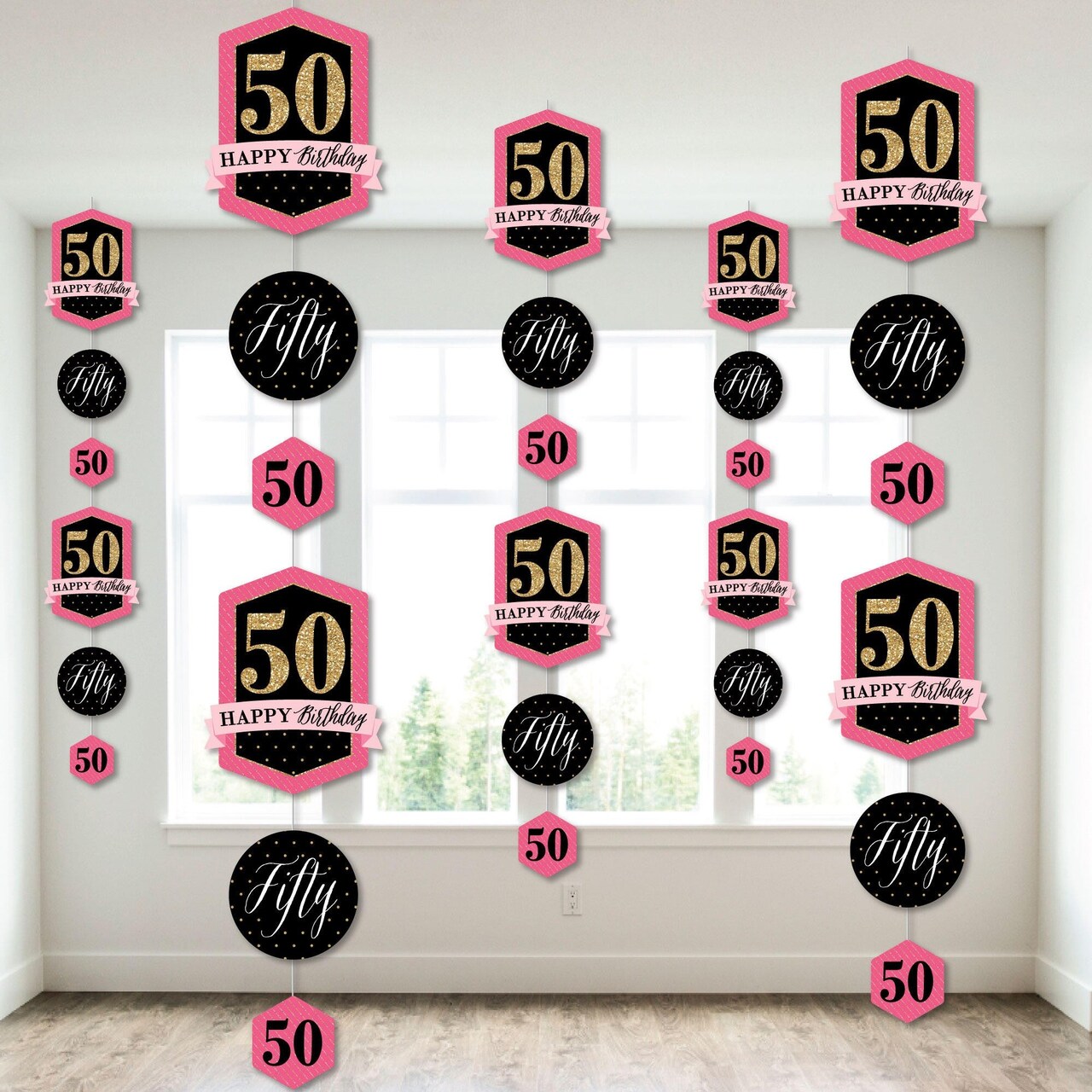 Big Dot of Happiness Chic 50th Birthday - Pink, Black and Gold - Birthday Party DIY Dangler Backdrop - Hanging Vertical Decorations - 30 Pieces